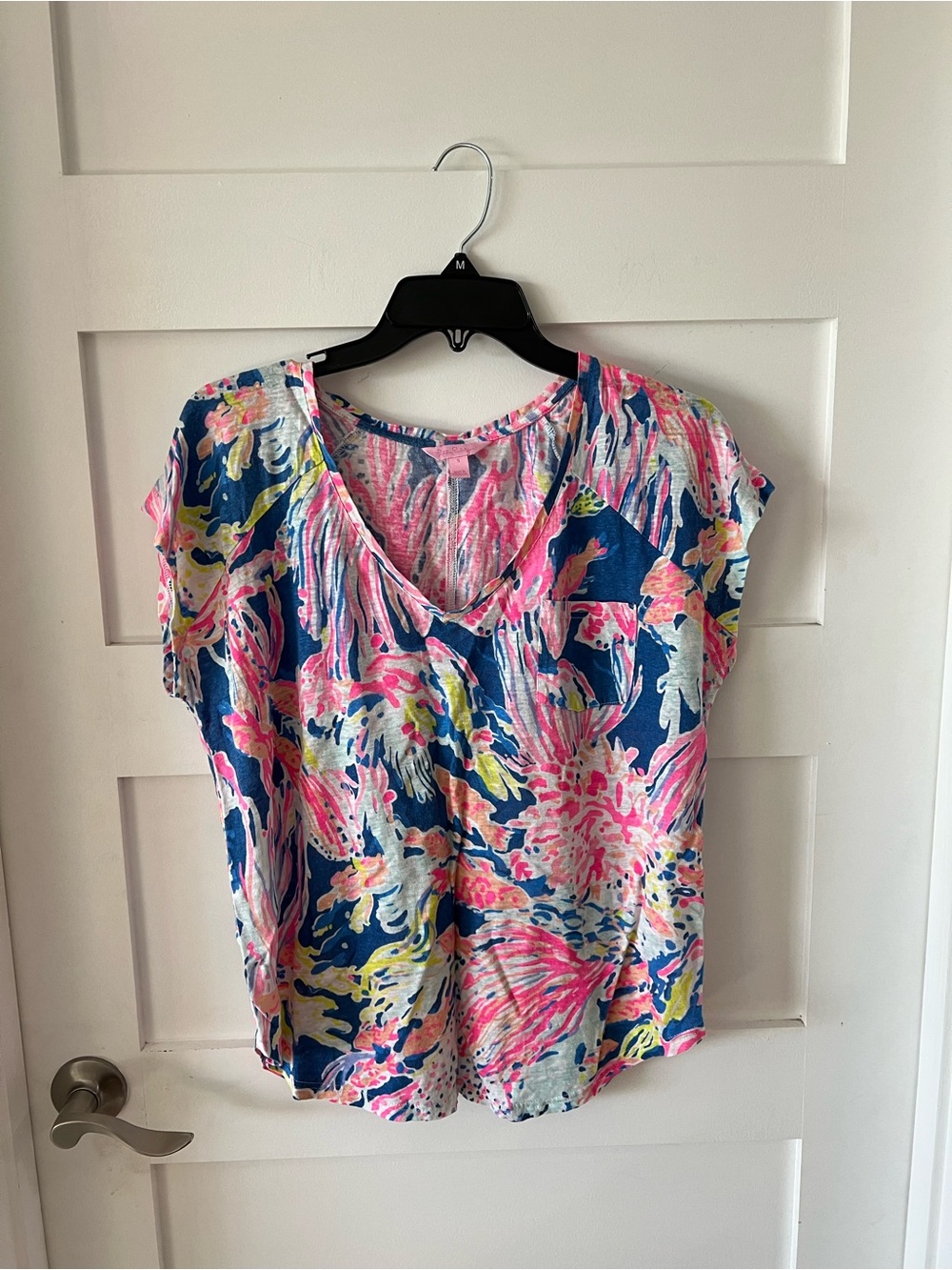 Lilly Pulitzer Colorful Floral V-Neck Top in Pink, Navy & Yellow